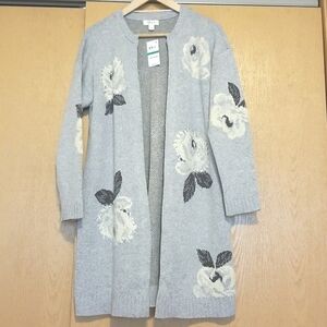 Style & Co women's size PL gray floral intarsia knit open cardigan sweater NWT